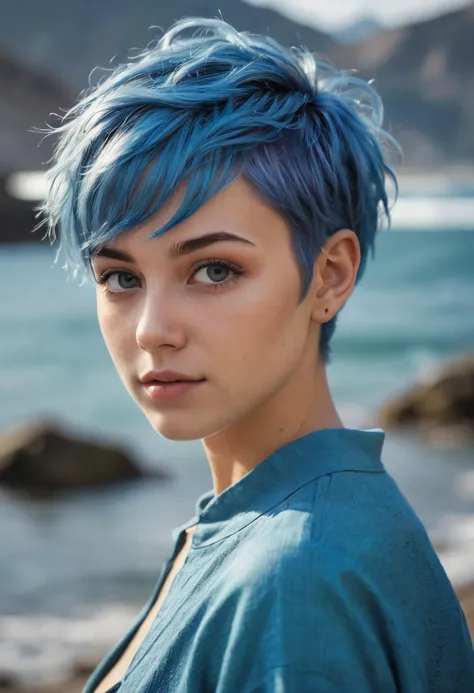 Generate a high-resolution, detailed, and colorful image that captures an 18-year-old girl with an Undercut Pixie hairstyle and water-blue tinted hair. Her youthful energy and vibrant character should be particularly emphasized, making her the radiant centerpiece of the image. The background should depict a captivating landscape or scene that draws the viewer's attention to the girl. Optimize the lighting and composition to make the image particularly appealing and aesthetically pleasing. The image should be a masterful digital painting reminiscent of the quality and style of renowned artists.