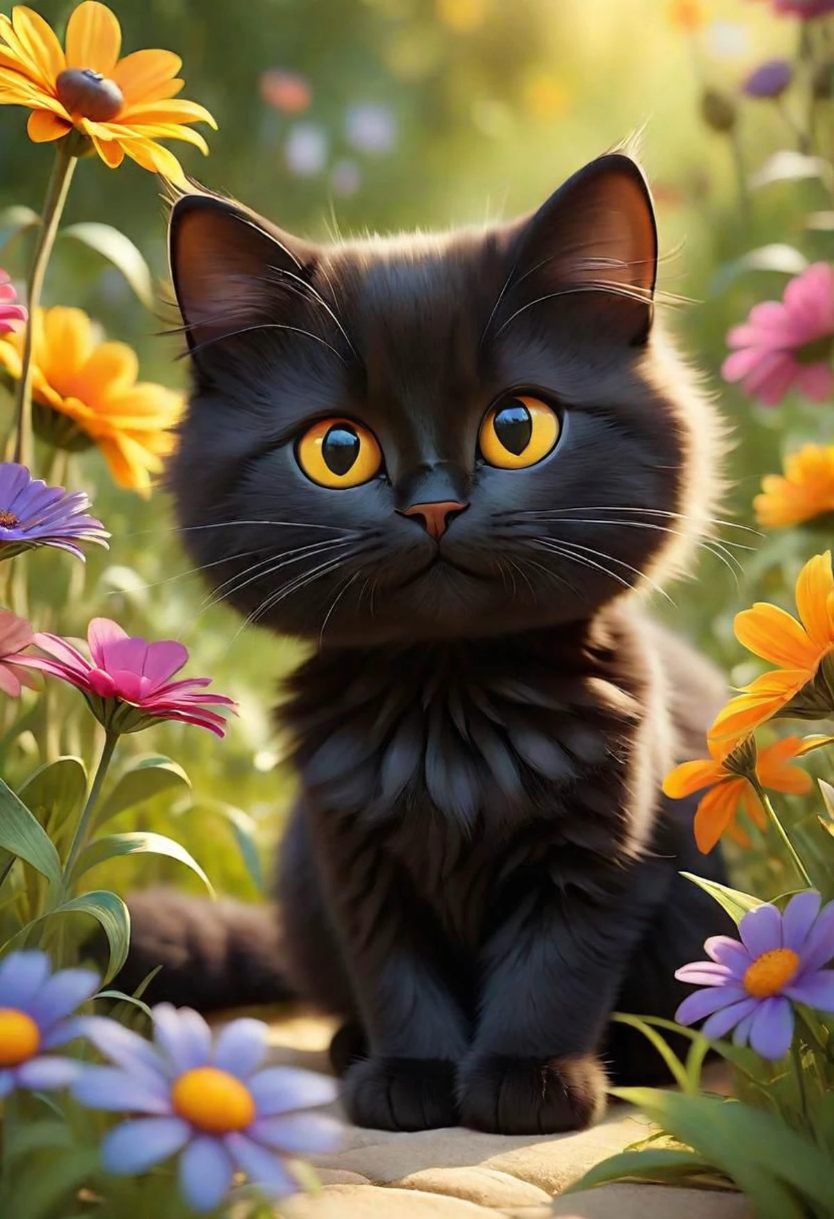 Compose a serene and captivating tale centered around the endearing fluffy cartoon black cat as he ventures through a radiant summer wonderland. Envision a landscape where vibrant flowers sway gracefully in the warm breeze, the sun casts a golden hue on everything it touches, and the gentle hum of nature creates a harmonious backdrop. Illustrate his delightful escapades, encounters with whimsical summer creatures, and the palpable sense of warmth, happiness, and adventure that defines this sun-kissed paradise
intense, photorealistic lighting and cinematic lighting quality, (sharp focus), backlighting, photo realistic, highly detailed,
a colorized photo, RAW format, 8K photorealistic image, superflat, 4k, ultra hd, high resolution , UHD, shot with a professional DSLR camera like Fujifilm XT3, Sony A7IV, Nikon D850, Sony A9 II, Canon EOS R5,
The final image should be a professional, award-winning masterpiece with (sharp focus:1.2),, (intricately detailed, hyperdetailed), HDR, (extremely detailed 8k wallpaper), high quality, intense, intricate, highly detailed, octane render, fine detail, ultra realistic, crisp, super sharp, studio quality, masterpiece, best quality, UHD, Film grain, photorealistic, trending on cg society