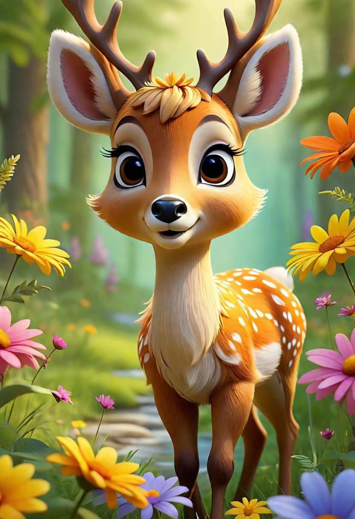 Compose a serene and captivating tale centered around the endearing fluffy cartoon deer as he ventures through a radiant summer wonderland. Envision a landscape where vibrant flowers sway gracefully in the warm breeze, the sun casts a golden hue on everything it touches, and the gentle hum of nature creates a harmonious backdrop. Illustrate his delightful escapades, encounters with whimsical summer creatures, and the palpable sense of warmth, happiness, and adventure that defines this sun-kissed paradise
intense, photorealistic lighting and cinematic lighting quality, (sharp focus), backlighting, photo realistic, highly detailed,
a colorized photo, RAW format, 8K photorealistic image, superflat, 4k, ultra hd, high resolution , UHD, shot with a professional DSLR camera like Fujifilm XT3, Sony A7IV, Nikon D850, Sony A9 II, Canon EOS R5,
The final image should be a professional, award-winning masterpiece with (sharp focus:1.2),, (intricately detailed, hyperdetailed), HDR, (extremely detailed 8k wallpaper), high quality, intense, intricate, highly detailed, octane render, fine detail, ultra realistic, crisp, super sharp, studio quality, masterpiece, best quality, UHD, Film grain, photorealistic, trending on cg society