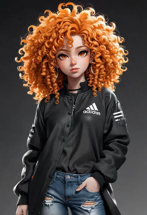 (Anime), (anime art of A cute girl with an orange curl, puffy afro wearing a black coat with fur on and a black adidas shirt and wearing jeans :1.2), masterpiece, 4k, best quality, anime art