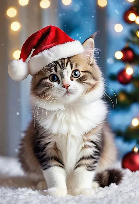 Imagine a heartwarming scene set in a Christmas wonderland, where the focal point is the most adorable fluffy cartoon cat you've ever seen. Picture this cat adorned with a tiny Santa hat, its fur glistening with snowflakes. The surroundings are a dreamy blend of snowy landscapes, twinkling lights, and festive decorations. As viewers immerse themselves in this enchanting setting, they should feel a sense of warmth, nostalgia, and pure joy. Capture the essence of the holiday spirit through this lovable feline, ensuring that every detail from its playful eyes to its fluffy tail radiates charm and festive cheer.
intense, photorealistic lighting and cinematic lighting quality, (sharp focus), backlighting, photo realistic, highly detailed,
a colorized photo, RAW format, 8K photorealistic image, superflat, 4k, ultra hd, high resolution , UHD, shot with a professional DSLR camera like Fujifilm XT3, Sony A7IV, Nikon D850, Sony A9 II, Canon EOS R5,
The final image should be a professional, award-winning masterpiece with (sharp focus:1.2),, (intricately detailed, hyperdetailed), HDR, (extremely detailed 8k wallpaper), high quality, intense, intricate, highly detailed, octane render, fine detail, ultra realistic, crisp, super sharp, studio quality, masterpiece, best quality, UHD, Film grain, photorealistic, trending on cg society