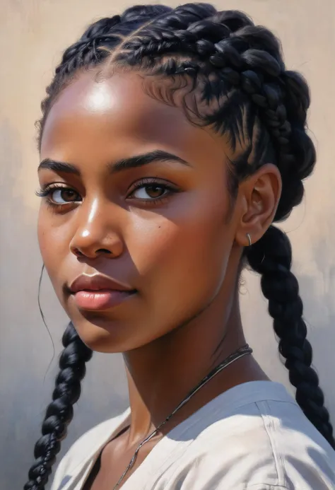 (Anime), breathtaking alla prima oil painting, black woman, two braids, short hair, warrior, young, close up, (alla prima style:1.3), oil on linen, painterly oil on canvas, (painterly style:1.3), exquisite composition and lighting, modern painterly masterpiece, by alexi zaitsev, award-winning painterly alla prima oil painting