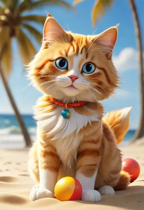 Craft a delightful and vibrant narrative centered on the lovable fluffy cartoon cat as he embarks on a playful adventure at the sun-drenched beach during summer. Envision a backdrop where the azure waves gently caress the golden shoreline, and the radiant sun casts a warm glow on the glistening sand. Detail his exuberant antics as he frolics amidst beach balls, splashes in the shimmering surf, and interacts with fellow beachgoers. Illustrate the carefree spirit, joyous energy, and infectious enthusiasm that define this idyllic summer day filled with sun, sea, and playful exploration.
intense, photorealistic lighting and cinematic lighting quality, (sharp focus), backlighting, photo realistic, highly detailed,
a colorized photo, RAW format, 8K photorealistic image, superflat, 4k, ultra hd, high resolution , UHD, shot with a professional DSLR camera like Fujifilm XT3, Sony A7IV, Nikon D850, Sony A9 II, Canon EOS R5,
The final image should be a professional, award-winning masterpiece with (sharp focus:1.2),, (intricately detailed, hyperdetailed), HDR, (extremely detailed 8k wallpaper), high quality, intense, intricate, highly detailed, octane render, fine detail, ultra realistic, crisp, super sharp, studio quality, masterpiece, best quality, UHD, Film grain, photorealistic, trending on cg society