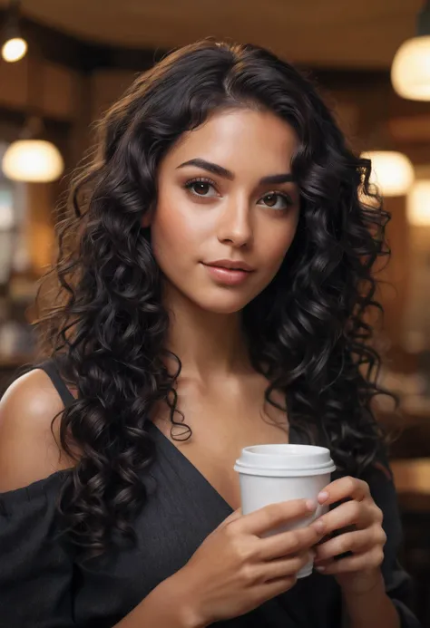 Latina woman, early 20s, long curly black hair, tanned skin, mesmerizing gaze, wearing a black pekaboo cutout, lost in thought, drinking coffee, in a cozy café, ambient lighting, (Made by Orchid Moth), cinematic shot, dynamic lighting, 75mm, Technicolor, Panavision, cinemascope, sharp focus, fine details, 8k, HDR, realism, realistic, key visual, film still, cinematic color grading, depth of field