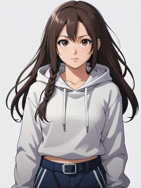 (Painted Anime), (A beautiful girl, wearing a hoodie. With tracksuit pants, with a belt. She had large, deep brown eyes, and long hair. ((Front view.)), ((My Hero Academia art style)), (Eve art style:1.3), (cel shading, vintage anime:1.25), outline, white outline), art by atey ghailan, painterly anime style at pixiv, art by kantoku, in art style of redjuice/necömi/rella/tiv pixiv collab, your name anime art style, masterpiece digital painting, exquisite lighting and composition, inspired by wlop art style, 8k, sharp, very detailed, high resolution, illustration