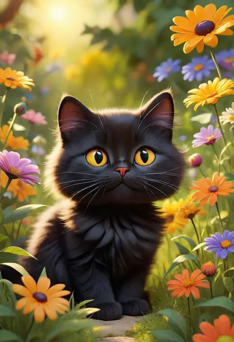 Compose a serene and captivating tale centered around the endearing fluffy cartoon black cat as he ventures through a radiant summer wonderland. Envision a landscape where vibrant flowers sway gracefully in the warm breeze, the sun casts a golden hue on everything it touches, and the gentle hum of nature creates a harmonious backdrop. Illustrate his delightful escapades, encounters with whimsical summer creatures, and the palpable sense of warmth, happiness, and adventure that defines this sun-kissed paradise
 intense, photorealistic lighting and cinematic lighting quality,  (sharp focus), backlighting, photo realistic, highly  detailed,
a colorized photo, RAW format, 8K photorealistic image, superflat, 4k, ultra hd, high resolution , UHD, shot with a professional DSLR camera like Fujifilm XT3, Sony A7IV, Nikon D850, Sony A9 II, Canon EOS R5,
The final image should be a professional, award-winning masterpiece with (sharp focus:1.2),, (intricately detailed, hyperdetailed), HDR, (extremely detailed 8k wallpaper), high quality, intense, intricate, highly detailed, octane render, fine detail, ultra realistic, crisp, super sharp, studio quality, masterpiece, best quality, UHD, Film grain, photorealistic, trending on cg society