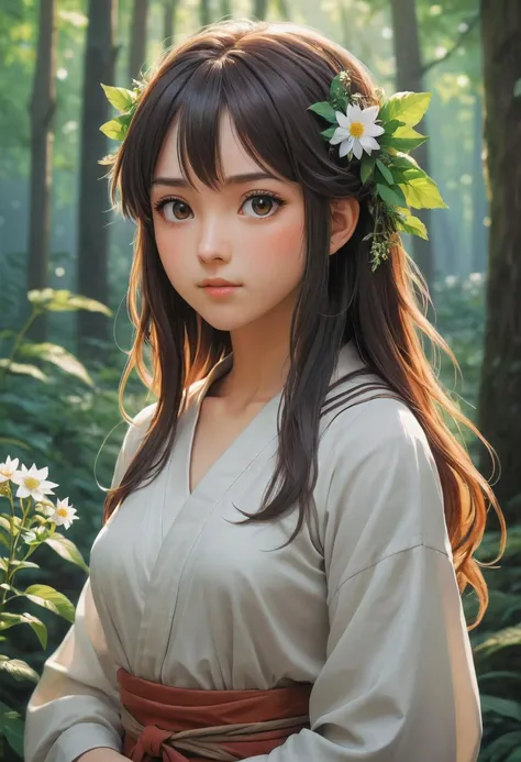 (Painted Anime:1.7), (painterly anime artwork, enchanting female woodland druid caring for the flora and fauna in her magical glade), portrait, masterpiece, fine details, breathtaking artwork, painterly art style, high quality, 8k, very detailed, high resolution, exquisite composition and lighting, Enrich the composition with soft, diffused natural light that accentuates the textures and colors, creating a timeless and culturally rich image, art by atey ghailan, painterly anime style at pixiv, art by kantoku, in art style of redjuice/necömi/rella/tiv pixiv collab, your name anime art style, inspired by wlop art style, sharp, illustration