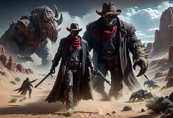 1 male, older, outlaw gunfighter on an alien planet, outsider, tough, resilient, grizzled, red scarf, cowboy hat, his eyes are shaded by his hat, black clothes covered in dirt, (respirator:1.2), (cybernetic arm:1.2), (wide shot:1.2), in epic combat with a gigantic rhino-like monster, ((Emphasized details:2)), best quality, 8K, high resolution, ((masterpiece)), ultra detailed and beautiful, official art, cinematic lighting, HD, ais-sinisterz, Bosstyle