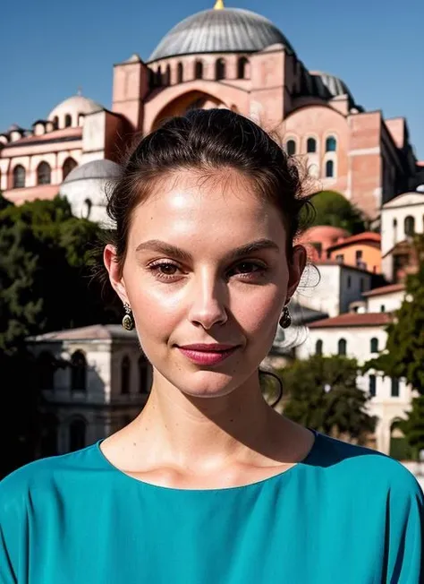 portrait of sks woman in Istanbul, at the Hagia Sophia, by Flora Borsi, style by Flora Borsi, bold, bright colours, ((Flora Borsi)), by David LaChapelle, <lora:lora-small-ashley-judd-v1:1>