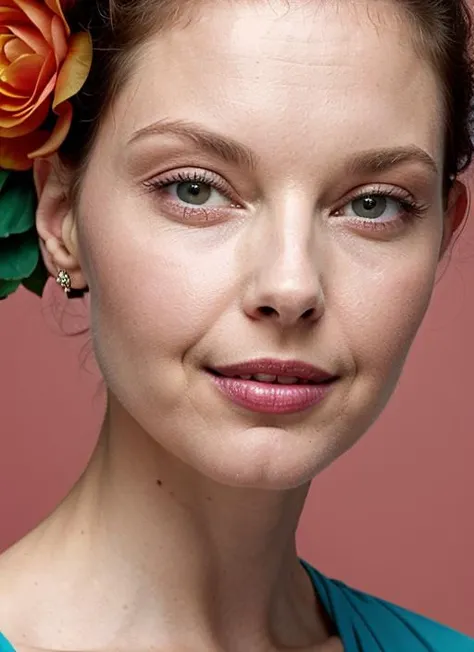close up portrait of sks woman , by Flora Borsi, style by Flora Borsi, bold, bright colours, ((Flora Borsi)), by Tim Walker, <lora:lora-small-ashley-judd-v1:1>