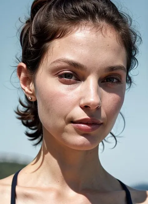 A stunning intricate color close up portrait of (sks woman:1) , wearing tanktop, epic character composition, sharp focus, natural lighting, subsurface scattering, f2, 35mm, film grain, , by Guy Bourdin, <lora:lora-small-ashley-judd-v1:1>