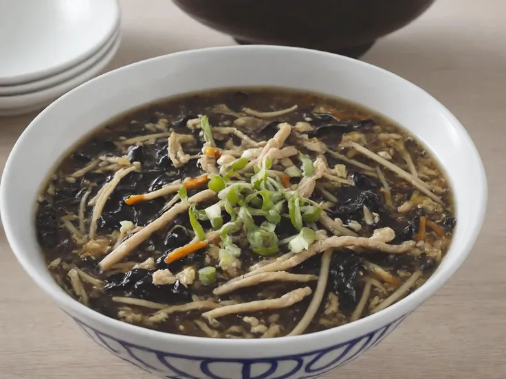 A bowl filled with sssoup, steaming and inviting. The sssoup should have a rich and appetizing color, possibly with visible ingredients or garnishes that enhance its appeal. The scene should be as realistic as a high-resolution photograph, with the focus primarily on the bowl and its contents. The lighting should be soft and warm, highlighting the textures and details of the sssoup,   <lora:sssoup5:0.85>