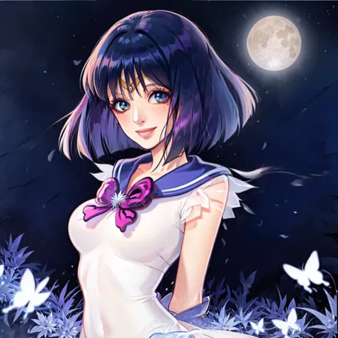 Fashion Manga Style, <lora:Fashion_Manga-10:0.85> 1girl, <lora:SailorSaturnV1:1> sailor saturn, night sky, full_moon, bob_cut, smile, happy <lora:ThickerLines_RM-128_v1:0.3> sparkling eyes, arms behind back, fading, <lyco:kaspi:0.4>, kaspi, glowing butterfly,