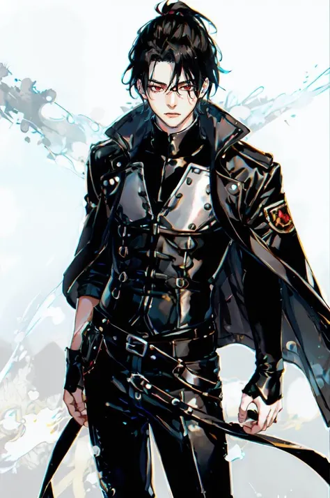 <lora:Fashion_Manga:0.85> Fashion Manga Style,
ultra detailed, masterpiece, best quality, argentina,
solo,
cowboy shot,
facing viewer,
soft smile, light smile,
1boy, red eyes, <lora:Tsurime3:1>, (tsurime:1.2), black hair, undercut, top knot, parted bangs, long bangs, short hair, tall, hair intakes,
, coat on shoulders, dress shirt, sleeves rolled up, fingerless gloves, holster, pants, belt, multiple belts, combat boots, bulletproof vest,