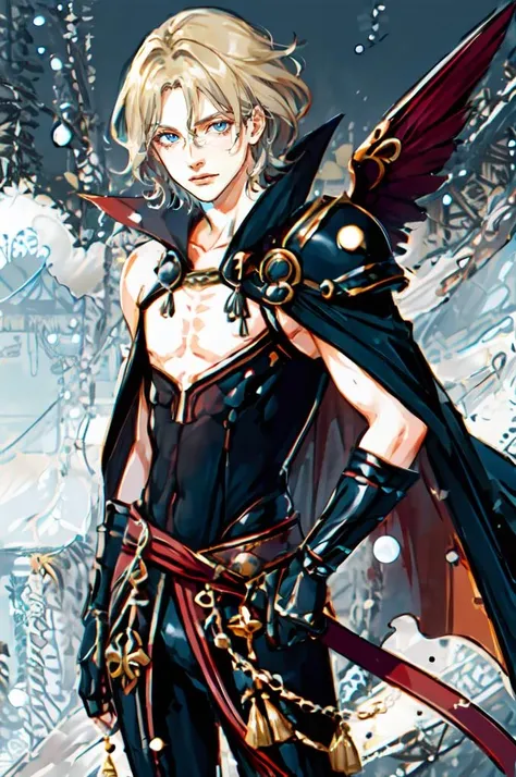 <lora:Fashion_Manga:0.85> Fashion Manga Style,
ultra detailed, masterpiece, best quality, argentina,
solo,
cowboy shot,
facing viewer,
soft smile, light smile,
1boy, blue eyes, medium blonde hair, parted bangs, hair intakes, male focus,
armor, pauldrons, cuirass, gauntlets, waist cape, greaves, black bodysuit, surcoat, shoulder sash, wing shoulder armor, cape, pants,
