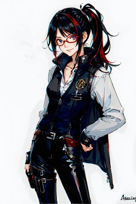 <lora:Fashion_Manga:0.85> Fashion Manga Style,
ultra detailed, masterpiece, best quality, argentina,
solo,
cowboy shot,
facing viewer,
soft smile, light smile,
1girl, (black hair, red colored tips:1.2), very long hair, side ponytail, purple eyes, red-framed eyewear, tied hair, medium breasts, red streaked hair,
, coat on shoulders, dress shirt, sleeves rolled up, fingerless gloves, holster, belt, multiple belts, combat boots, bulletproof vest, pants,