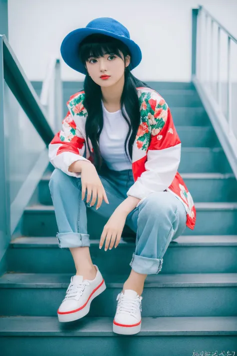 ( 1 girl), (Ayukawa madoka),( blue long hair:1.4),red zhong broad hat, floral jacket,open jacket, white pants, shoes, long staircase,
(8k, RAW photo, best quality, masterpiece:1.2), (realistic :1.4), ultra-detailed,(detailed beautiful girl:1.4) 
 ,<lora:madokaayukawa001:0.3>, <lora:ayukawa_madoka_v2:0.5> Ayukawa madoka