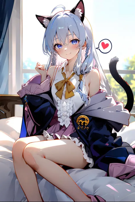 (masterpiece:1.2),best quality,PIXIV,
Chocolate,1girl,elaina \(majo no tabitabi\),solo,animal ears,heart,bow,tail,shirt,spoken heart,long hair,smile,cat ears,cat tail,ahoge,bowtie,pink bow,looking at viewer,sitting,white shirt,sleeveless shirt,sleeveless,braid,yellow bow,bare shoulders,blue eyes,closed mouth,off shoulder,bangs,hair bow,long sleeves,center frills,collared shirt,hand up,robe,open clothes,kemonomimi mode,frills,animal ear fluff,on bed,hair between eyes,single braid,wide sleeves,indoors,blush,thighs,hat,window,cat girl,yellow bowtie,feet out of frame,white hair,
<lora:Chocolate-000018:1>,