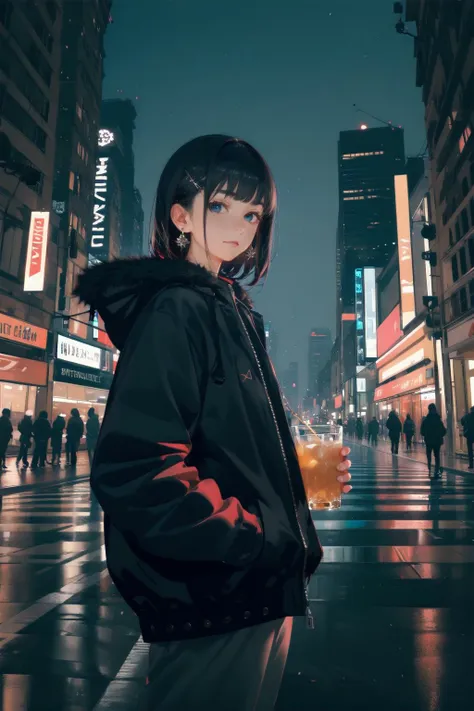 -Chocolate, 1girl, holding, outdoors, hair ornament, solo, jewelry, earrings, hand in pocket, looking at viewer, night, fur trim, can, blue eyes, jacket, building, bangs, holding can, hood down, hood, hairclip, black hair, long sleeves, standing, closed mouth, from side, city, sky, short hair, cowboy shot, holding drink, medium hair, hooded jacket, drink, street, mole under eye, black jacket<lora:Chocolate-000018:0.9>,