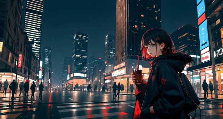 -Chocolate,1girl,holding,outdoors,hair ornament,solo,jewelry,earrings,hand in pocket,looking at viewer,night,fur trim,can,blue eyes,jacket,building,bangs,holding can,hood down,hood,hairclip,black hair,long sleeves,standing,closed mouth,from side,city,sky,short hair,cowboy shot,holding drink,medium hair,hooded jacket,drink,street,mole under eye,black jacket,<lora:Chocolate-000018:0.9>,