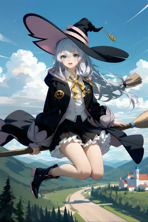 Chocolate,1girl,broom riding,broom,elaina \(majo no tabitabi\),solo,hat,witch hat,shirt,white shirt,outdoors,long hair,skirt,black headwear,witch,blue eyes,yellow bowtie,black footwear,yellow bow,black robe,day,bow,sky,collared shirt,robe,tree,black skirt,long sleeves,white hair,cloud,ribbon,open mouth,bangs,open clothes,pleated skirt,hair between eyes,bowtie,frills,full body,boots,cloak,open robe,yellow ribbon,blue sky,hooded robe,black cloak,frilled skirt,flying,sidesaddle,bare legs,neck ribbon,
<lora:Chocolate-000018:0.9>,