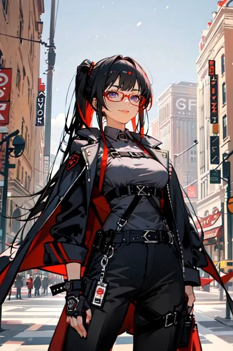cowboy shot, <lora:Chocolate:0.9> chocolate,, ultra detailed, masterpiece, best quality, aesthetic, detailed,, solo, smug smile, 1girl, purple eyes, red-framed eyewear, (black hair, red colored tips:1.2), red streaked hair, very long hair, side ponytail, tied hair, medium breasts,, <lora:StS-Coat-and-Jacket-On-Shoulders-Iteration2:0.7> dataset, jacket on shoulders, coat on shoulders, red dress, sleeves rolled up, fingerless gloves, holster, belt, multiple belts, combat boots, bulletproof vest, pants, black coat, tactical clothes,