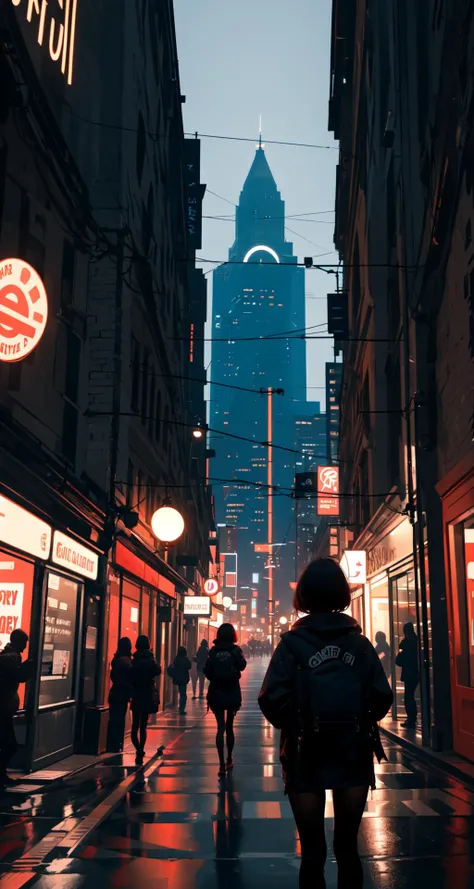 Chocolate, 1girl, street, scenery, road, outdoors, sign, building, reflection, city, standing, bag, lamppost, sky, short hair, from behind, solo, window, backpack, black hair, jacket, silhouette, pantyhose, dark, night
<lora:Chocolate-000018:0.8>,