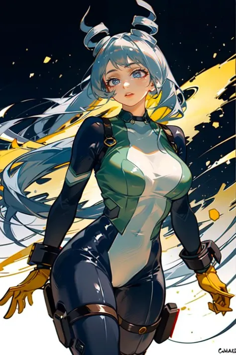 <lora:hadou_nejire:0.9> aanejire, hair horns, drill hair, long hair, large breasts, superhero, bodysuit, blue bodysuit, skin tight, gloves, yellow gloves, covered navel, thigh strap, boots, <lora:kuroboshi_kouhaku_style_v01:1>, ultra detailed, masterpiece, best quality, aesthetic, detailed,