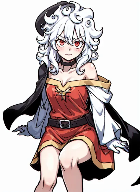gear fifth, megumin, sanpaku, 1girl, bare shoulders, white cape, white gloves, white hair, blush, cape, choker, collarbone, hair between eyes, hat, long sleeves, looking at viewer, medium hair, off-shoulder dress, off shoulder, white dress, red eyes, sidelocks, solo, witch hat, curly hair, curly eyebrows, ((masterpiece)) <lora:gear_fifth_offset:1>