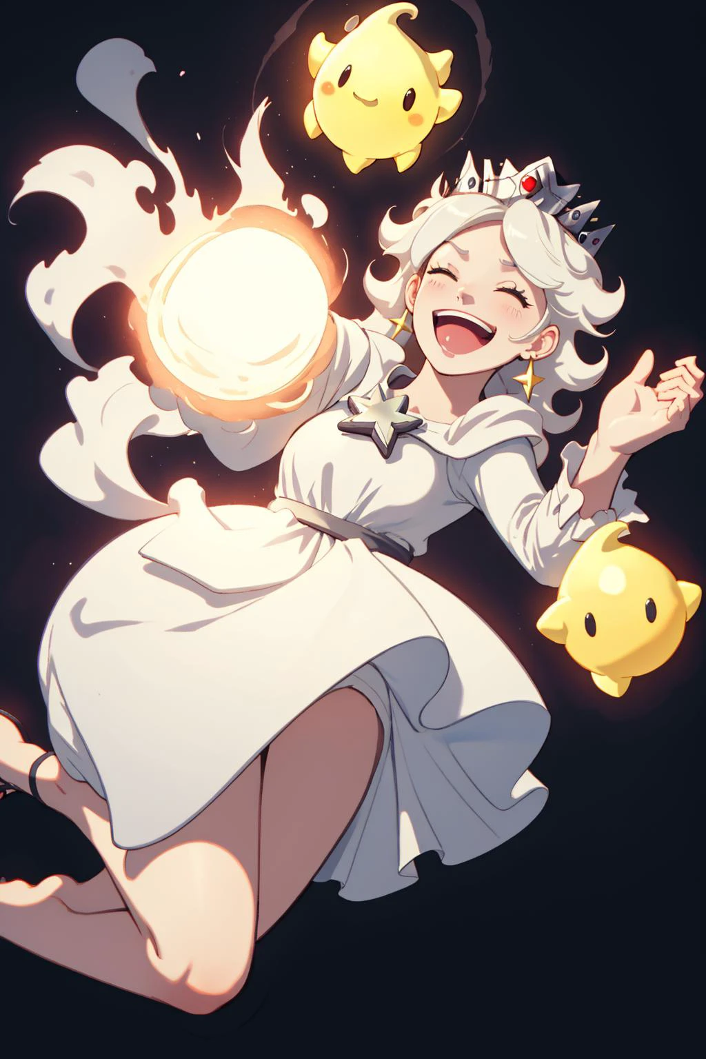<lora:gear_fifth_offset:0.8> gear fifth, laughing, white hair, white dress, <lora:ros1:0.8> rosalina,luma,crown, jumping, (masterpiece, best quality,highres, perfect hands), beautiful lighting, dutch angle,