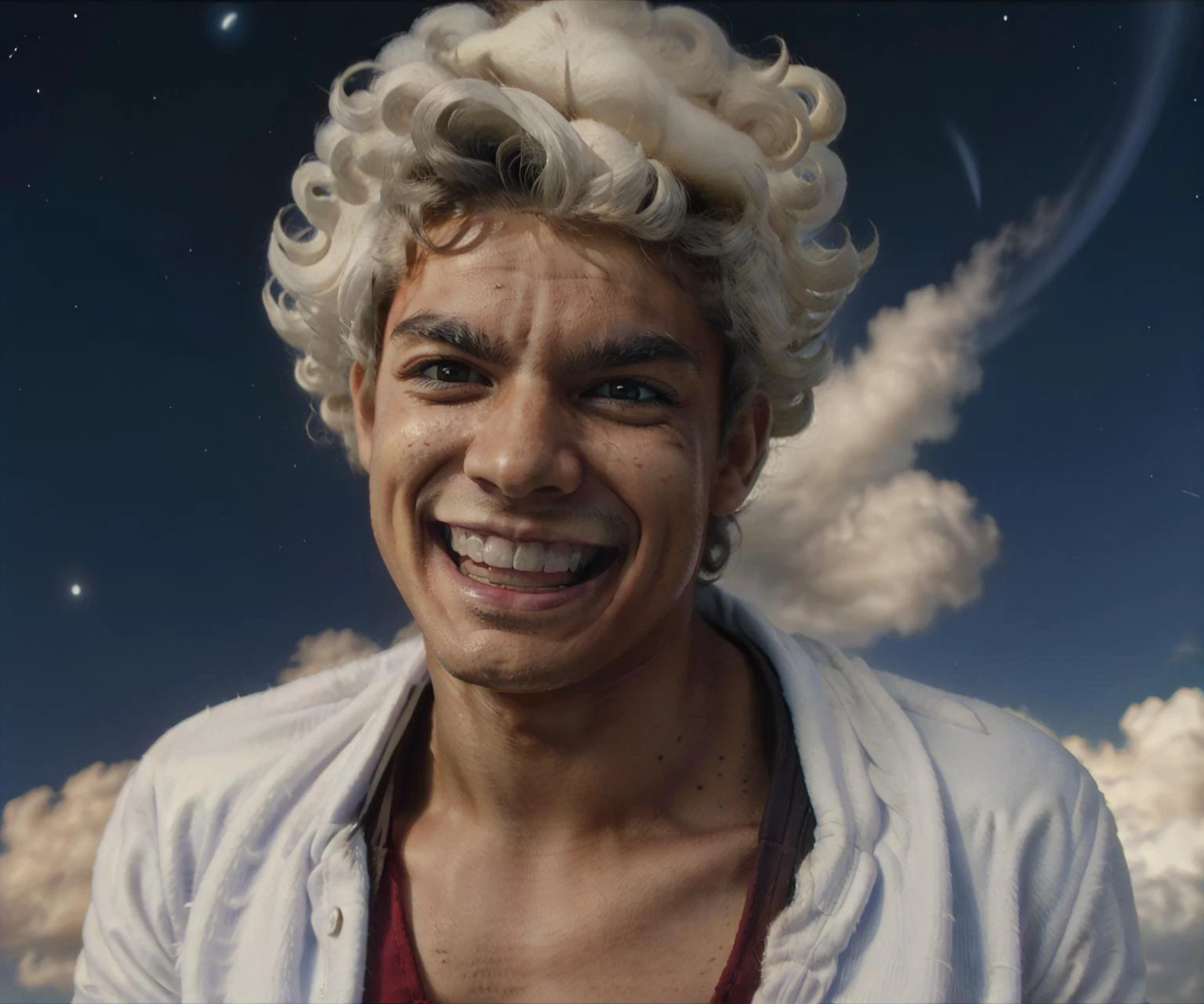 <lora:inakigodoy:0.8>inakigodoy, luffy, <lora:gear_fifth_offset:0.8> gear fifth, white hair, white clothes, curly hair, grin,night sky, (masterpiece, best quality,absurdres: 1.2)