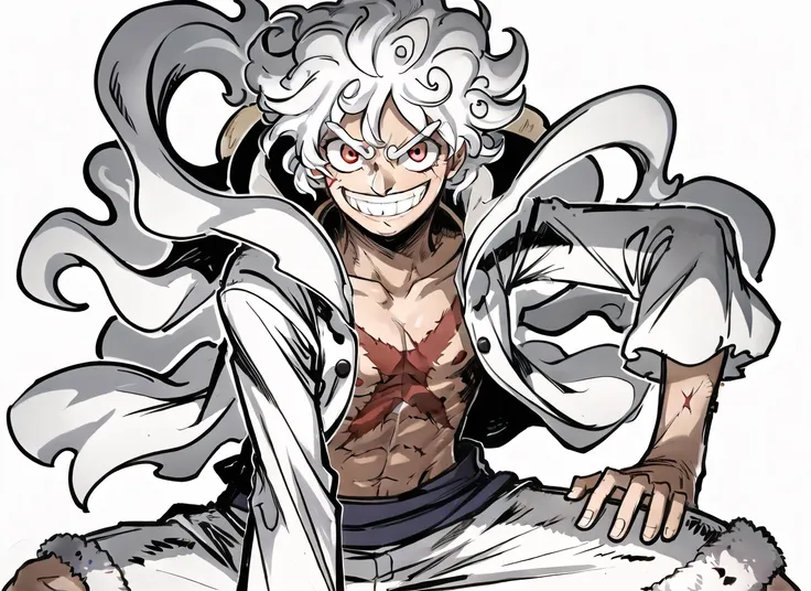 gear fifth, monkey d. luffy, 1boy, curly eyebrows, fighting stance, gear fifth, grin, hand on own leg, hat, jacket, long sleeves, looking at viewer, male focus, open clothes, open jacket, red eyes, sanpaku, scar, scar on chest, short shorts, shorts, smile, solo, squatting, straw hat, white hair, white jacket, white shorts, thick eyebrows, white eyebrows, ((masterpiece)) <lora:gear_fifth_offset:1>