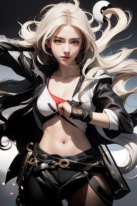 detailed outfit,masterpiece,best quality,(realistic:1.2),(professional photography,HD,8k),
gradient hair,split-color hair,absurdly long hair,straight hair,ahoge, (yin and yang:1.2),(1girl:1.5),
(cinematic lighting), a close up of a person with a shirt on, a character portrait, by Kamagurka, pixiv, tifa lockhart with white hair, [ rigidly defined abs ]!!, albedo from the anime overlord, noire photo, fighter pose, white curly hair, a muscular, (anime girl), akihiko yoshida!, abs, rogue
 still,  <lora:GoodHands-vanilla:1>, <lora:GirlfriendMix2:1>, <lora:detailed_eye_V2:0.3>, <lora:add_sharpness:1.5>