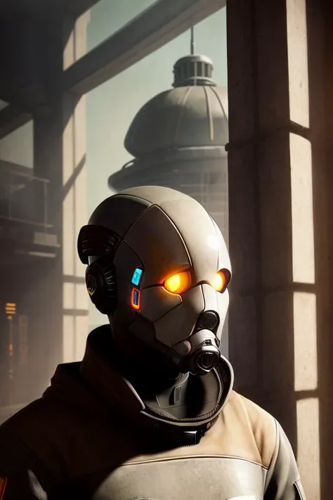 Image of a combine assassin, Retrofuturism , that is reckless, detailed face, reading, brown puce, in a school, impressionism, hard lighting, gobo, bounce lighting, detailed face, highest quality, masterpiece, <lora:combineAssassinHalf_v1:1> combine assassin.