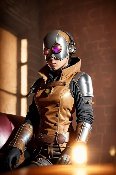 Image of a star, Industrial Revolution, Steampunk, that is thin, detailed face, running, playing, sitting on a sofa, ochre magenta, in a restaurant, surrealism, backlighting, spotlighting, hard lighting, volumetric lighting, detailed face, highest quality, masterpiece, <lora:combineAssassinHalf_v1:1> combine assassin.