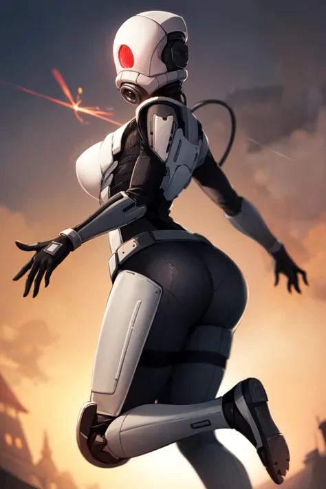 combine assassin, 1girl, solo, helmet, faceless, gloves, looking at viewer, facing viewer, military, science fiction, gas mask, shoulder armor, armor, bulletproof vest, petite, , (jumping, floating, flying), , night