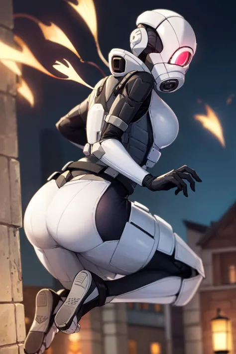 combine assassin, 1girl, solo, helmet, faceless, gloves, looking at viewer, facing viewer, military, science fiction, gas mask, shoulder armor, armor, bulletproof vest, petite, breasts, (jumping, floating, flying), from behind, night