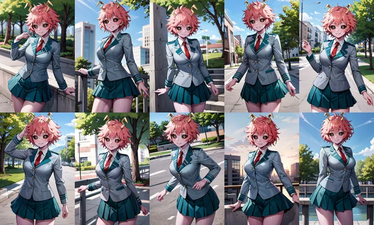 masterpiece, best quality, highres, ashidomina, short hair, horns, (colored sclera:1.1), (black sclera:1.2), pink skin, school uniform, red necktie, collared shirt, blazer, grey jacket, long sleeves, pleated skirt, green skirt, <lora:ashido_mina_v1:0.8>, <lyco:coloredSclera-000010:0.6>, smile, outdoors, standing, cowboy shot