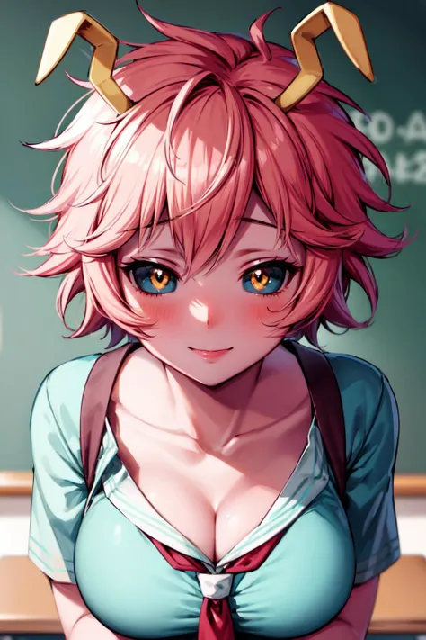 masterpiece, best quality, highres, ashidomina, short hair, horns, (colored sclera:1.1), (black sclera:1.2), pink skin, collarbone, school uniform, school, clasroom, blush, smile, sexy, <lora:ashido_mina_v1:0.8>, <lora:add_detail:0.5>