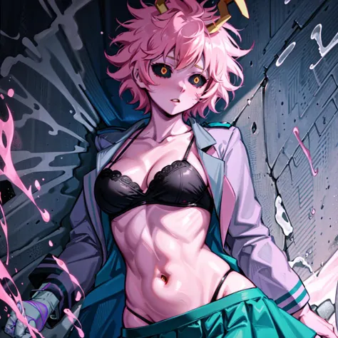 <lora:ashido_mina_v1:0.8> ashidomina, short hair, horns, pink skin, collarbone, cleavage,(colored sclera:1.1), (black sclera:1.2), pink skin, blazer, grey jacket, pleated skirt, green skirt, <lora:coloredSclera:0.6>, midriff, bra, thong,  <lora:colorfix:1.3>, masterpiece, best quality, highest quality, perfect anatomy, perfect face, perfect eyes, high quality