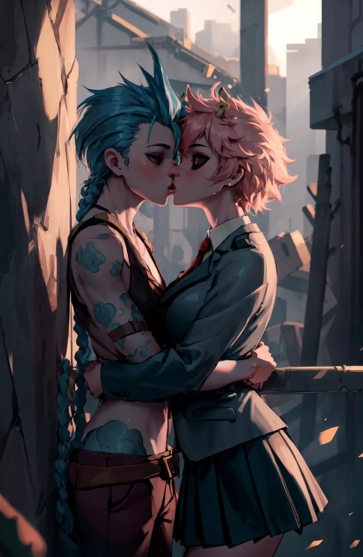 <lora:GoodHands-beta2:1> realistic, photorealistic, detailed background, school, outside, cinematic lighting, daytime, grass, trees,
AND <lora:JinxLol:1> jinxlol, kissing
AND <lora:ashido_mina_v1:1> ashidomina, short hair, horns, (colored sclera:1.1), (black sclera:1.2), pink skin, school uniform, red necktie, collared shirt, blazer, grey jacket, long sleeves, pleated skirt, green skirt, kissing, (epic composition, best quality, 16k, 8k, ultra highres, absurdres, highres, digital drawing, professional artwork:1.2)
