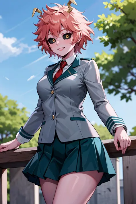 masterpiece, best quality, highres, ashidomina, short hair, horns, (colored sclera:1.1), (black sclera:1.2), pink skin, school uniform, red necktie, collared shirt, blazer, grey jacket, long sleeves, pleated skirt, green skirt, <lora:ashido_mina_v1:0.8>, <lyco:coloredSclera-000010:0.6>, from side, standing, cowboy shot, looking at viewer, outdoors, amusement park, smile,