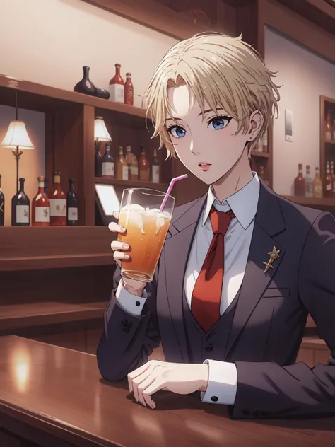 (masterpiece:1.2, best quality:1.1, highres,absurdres, high quality),(photorealistic:1.1),reflected light, colorful,ultra-detailed,8k, ultra hd, super detailed,loid \(spy x family\), 1girl,mature female,necktie, formal suit,, collared shirt, jacket, white shirt,blonde hair, (small breasts):1.2, tomboy, short hair,bar,sitting,drinking straw
<lora:lcz_spy_family_loid_v3:0.5> <lora:GoodHands-vanilla:1> <lora:Tomboy-3000-12repeats:0.7>