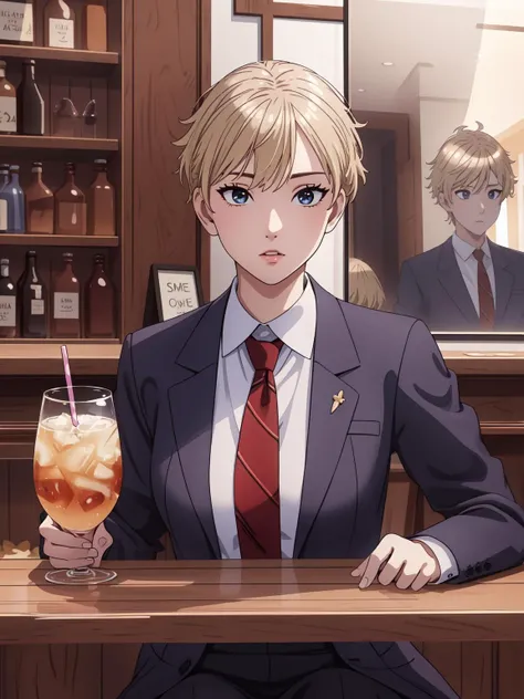 (masterpiece:1.2, best quality:1.1, highres,absurdres, high quality),(photorealistic:1.1),reflected light, colorful,ultra-detailed,8k, ultra hd, super detailed,loid \(spy x family\), 1girl,mature female,necktie, formal suit,, collared shirt, jacket, white shirt,blonde hair, (small breasts):1.2, tomboy, short hair,bar,sitting,drinking straw
<lora:lcz_spy_family_loid_v3:0.5> <lora:GoodHands-vanilla:1> <lora:Tomboy-3000-12repeats:0.7>