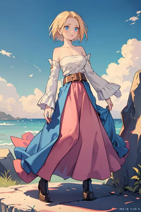 (masterpiece, best quality), 1girl,   <lora:FinalFantasy_Reis:1> ReisFFT, blonde hair, blue eyes, shirt, bare shoulders, bare neck, detached sleeves, belt, (((long skirt))), pink skirt, blue overskirt, shoes,