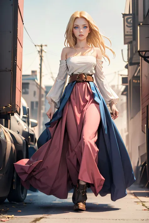 (masterpiece, best quality), 1girl,   <lora:FinalFantasy_Reis:1> ReisFFT, blonde hair, blue eyes, shirt, bare shoulders, bare neck, detached sleeves, belt, (((long skirt))), pink skirt, blue overskirt, shoes,