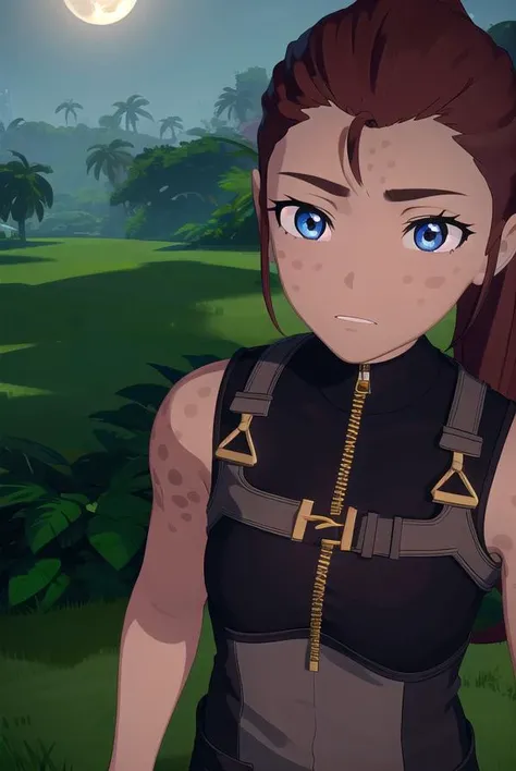 iliaamitola, <lora:iliaamitola-lora-nochekaiser:1>,
ilia amitola, long hair, blue eyes, brown hair, ponytail, dark skin, dark-skinned female,
BREAK bare shoulders, bodysuit,
BREAK outdoors, nature, forest, night, sky, moon,
BREAK looking at viewer, (cowboy shot:1.5),
BREAK <lyco:GoodHands-beta2:1>, (masterpiece:1.2), best quality, high resolution, unity 8k wallpaper, (illustration:0.8), (beautiful detailed eyes:1.6), extremely detailed face, perfect lighting, extremely detailed CG, (perfect hands, perfect anatomy),