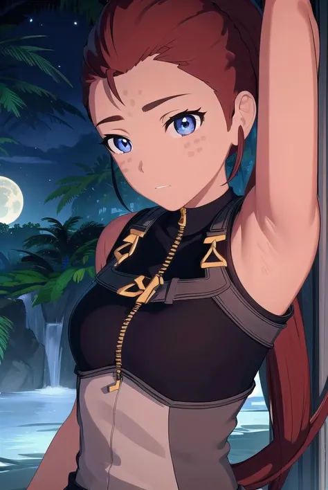 iliaamitola, <lora:iliaamitola-lora-nochekaiser:1>,
ilia amitola, long hair, blue eyes, brown hair, ponytail, dark skin, dark-skinned female,
BREAK bare shoulders, bodysuit,
BREAK outdoors, nature, forest, night, sky, moon,
BREAK looking at viewer, (cowboy shot:1.5),
BREAK <lyco:GoodHands-beta2:1>, (masterpiece:1.2), best quality, high resolution, unity 8k wallpaper, (illustration:0.8), (beautiful detailed eyes:1.6), extremely detailed face, perfect lighting, extremely detailed CG, (perfect hands, perfect anatomy),