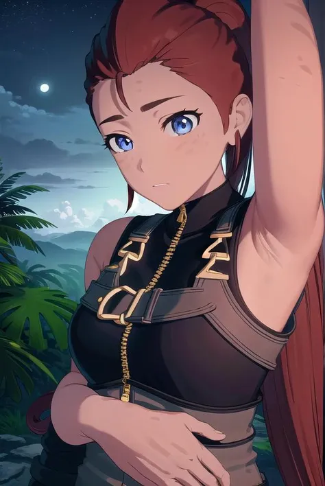iliaamitola, <lora:iliaamitola-lora-nochekaiser:1>,
ilia amitola, long hair, blue eyes, brown hair, ponytail, dark skin, dark-skinned female,
BREAK bare shoulders, bodysuit,
BREAK outdoors, nature, forest, night, sky, moon,
BREAK looking at viewer, (cowboy shot:1.5),
BREAK <lyco:GoodHands-beta2:1>, (masterpiece:1.2), best quality, high resolution, unity 8k wallpaper, (illustration:0.8), (beautiful detailed eyes:1.6), extremely detailed face, perfect lighting, extremely detailed CG, (perfect hands, perfect anatomy),