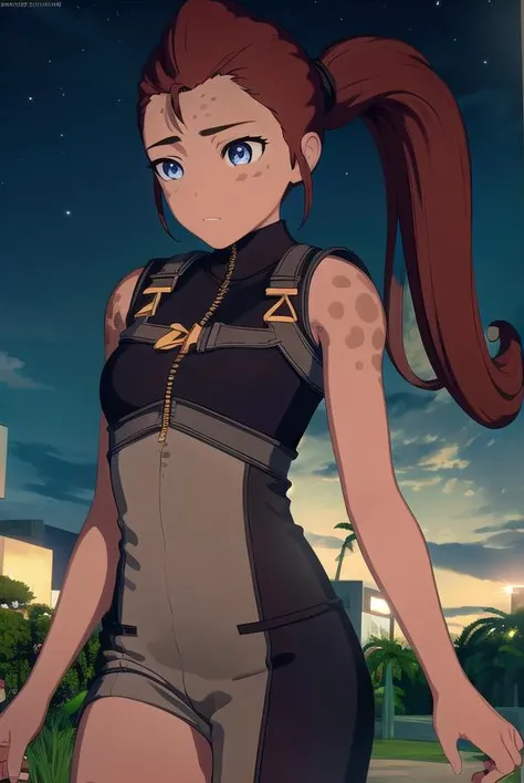 iliaamitola, <lora:iliaamitola-lora-nochekaiser:1>,
ilia amitola, long hair, blue eyes, brown hair, ponytail, dark skin, dark-skinned female,
BREAK bare shoulders, bodysuit,
BREAK outdoors, nature, forest, night, sky, moon,
BREAK looking at viewer, (cowboy shot:1.5),
BREAK <lyco:GoodHands-beta2:1>, (masterpiece:1.2), best quality, high resolution, unity 8k wallpaper, (illustration:0.8), (beautiful detailed eyes:1.6), extremely detailed face, perfect lighting, extremely detailed CG, (perfect hands, perfect anatomy),
